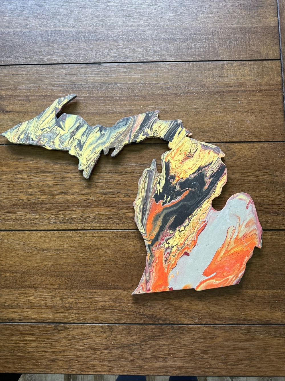 Hand-Poured Michigan Map Wall Art in Orange, Black & Yellow
